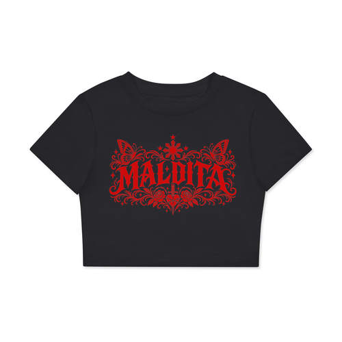 Maldita - Fitted Crop Cotton T-Shirt, Black/Red