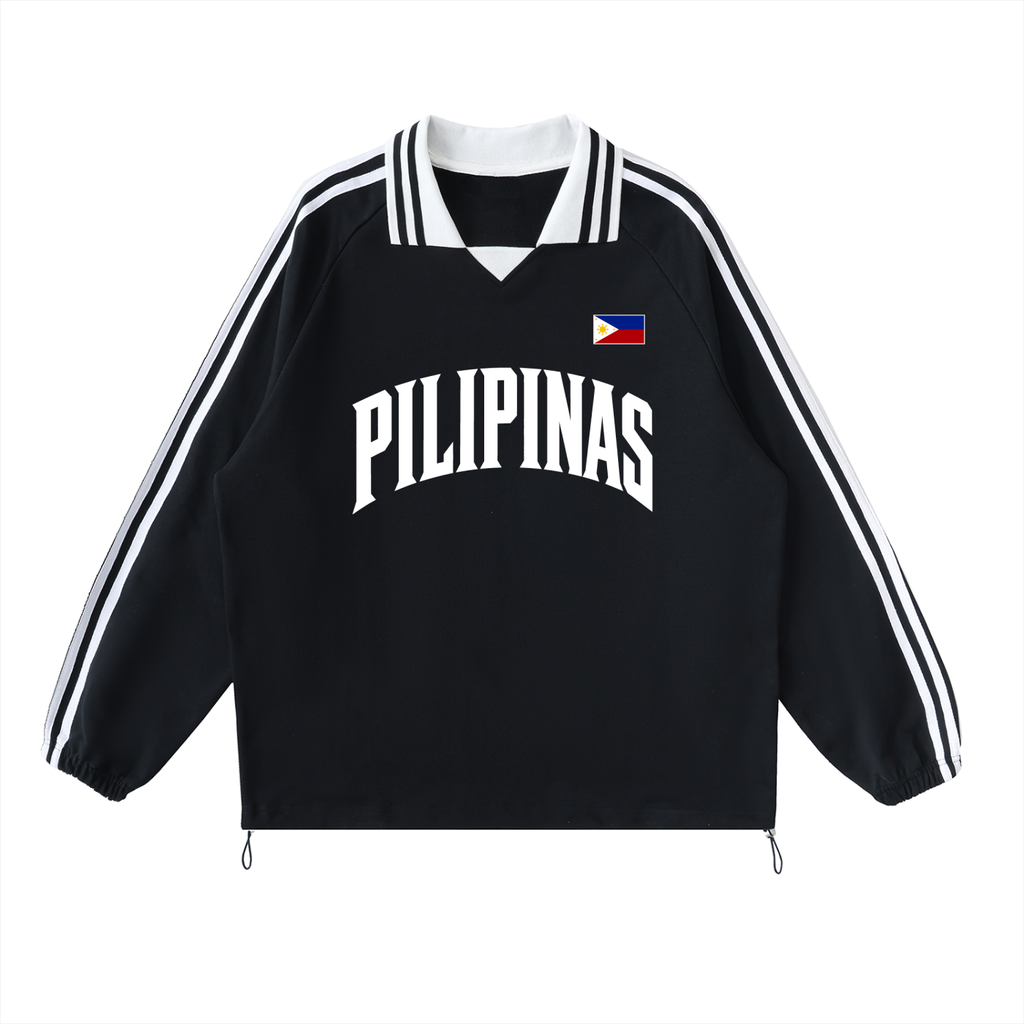 Pilipinas - Contrast Striped Lapel Collar Sweatshirt, Black