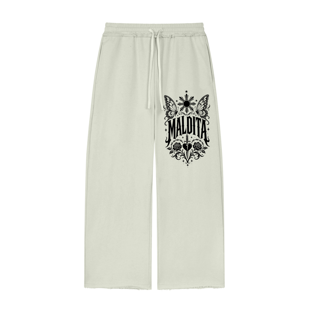 Maldita - Women’s Wide Leg Raw Edge Sweatpants, White Gray