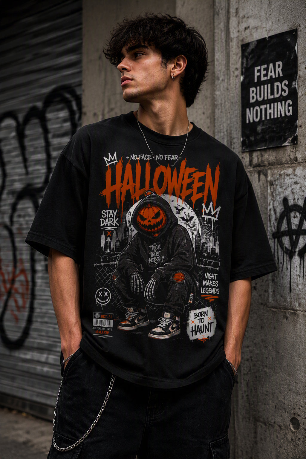 No Face, No Fear - Halloween Streetwear Loose Drop Shoulder T-Shirt
