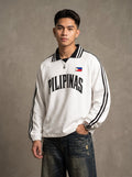 Pilipinas - Contrast Striped Lapel Collar Sweatshirt, White