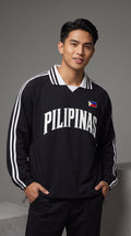 Pilipinas - Contrast Striped Lapel Collar Sweatshirt, Black