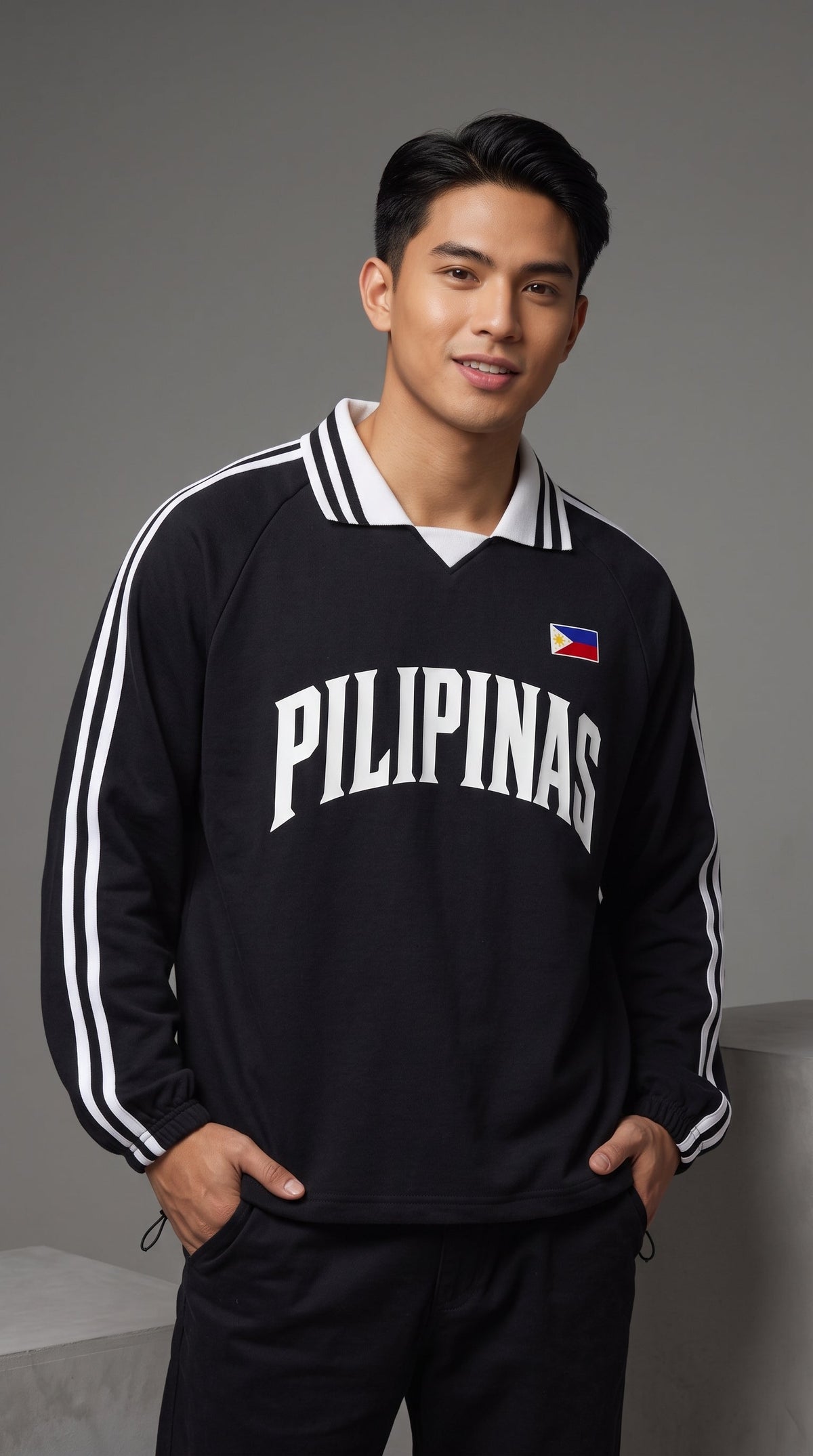 Pilipinas - Contrast Striped Lapel Collar Sweatshirt, Black