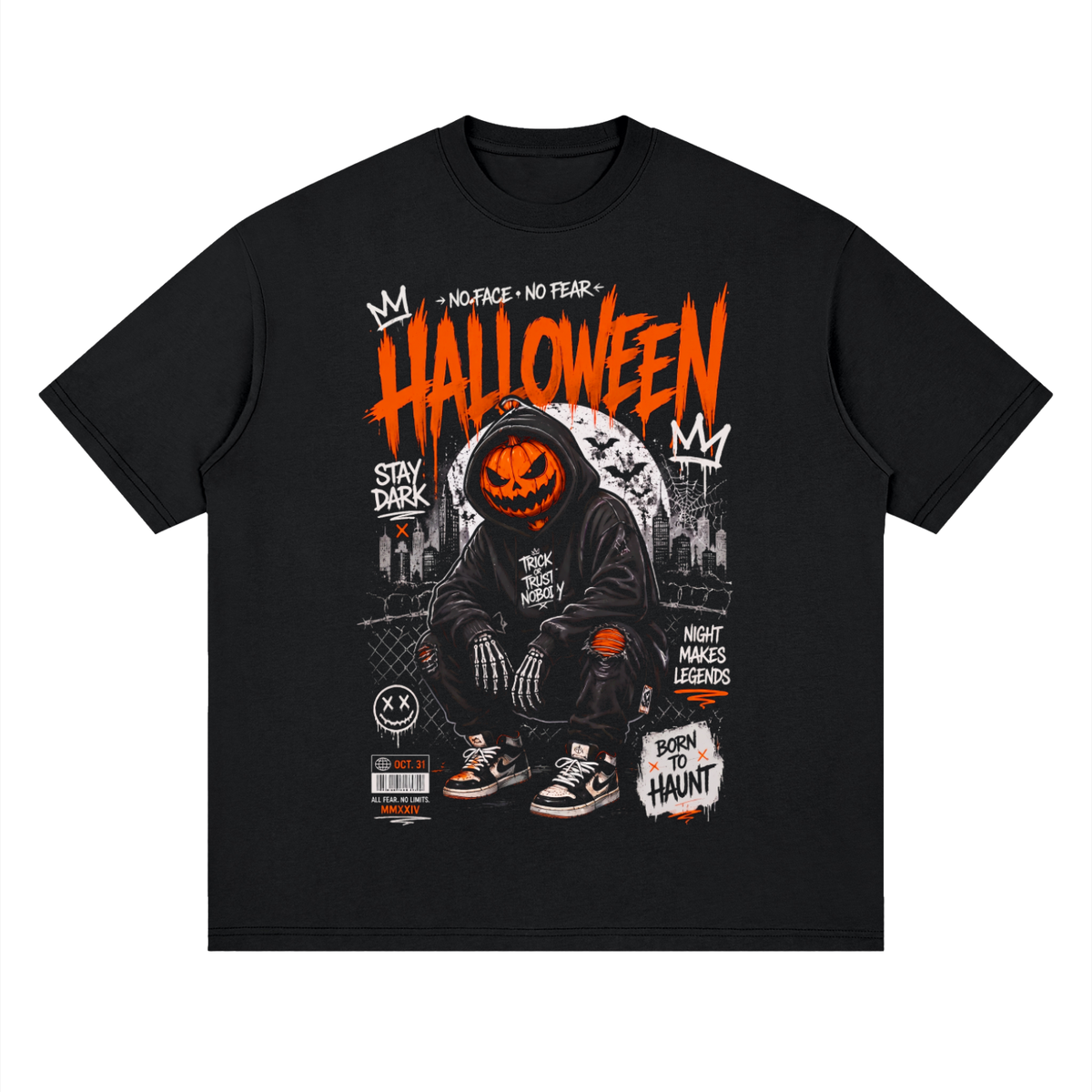 No Face, No Fear - Halloween Streetwear Loose Drop Shoulder T-Shirt