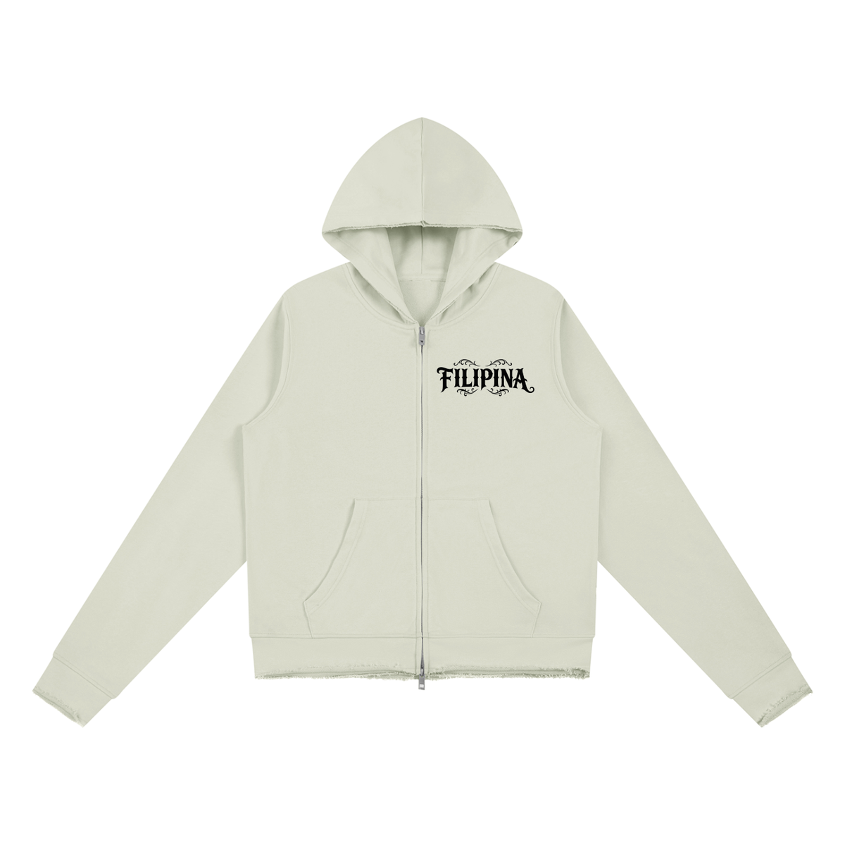 Maldita - Women’s Raw Edge Full Zip Hoodie, White Gray