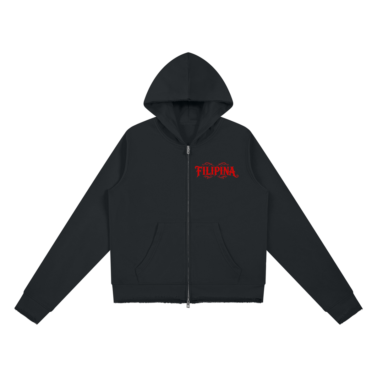 Maldita - Women’s Raw Edge Full Zip Hoodie, Black/Red