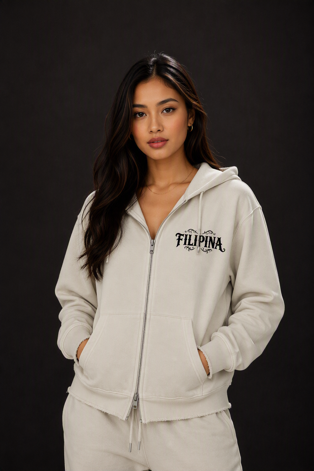 Maldita - Women’s Raw Edge Full Zip Hoodie, White Gray