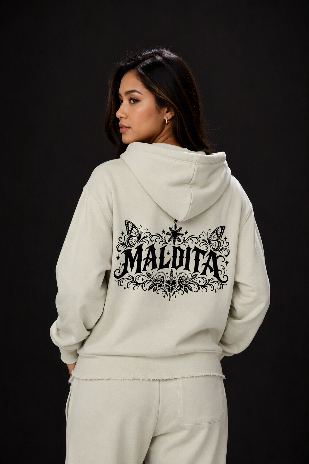 Maldita - Women’s Raw Edge Full Zip Hoodie, White Gray