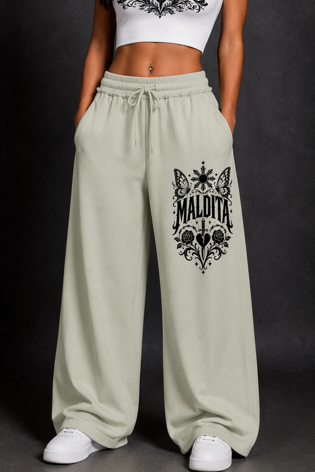 Maldita - Women’s Wide Leg Raw Edge Sweatpants, White Gray