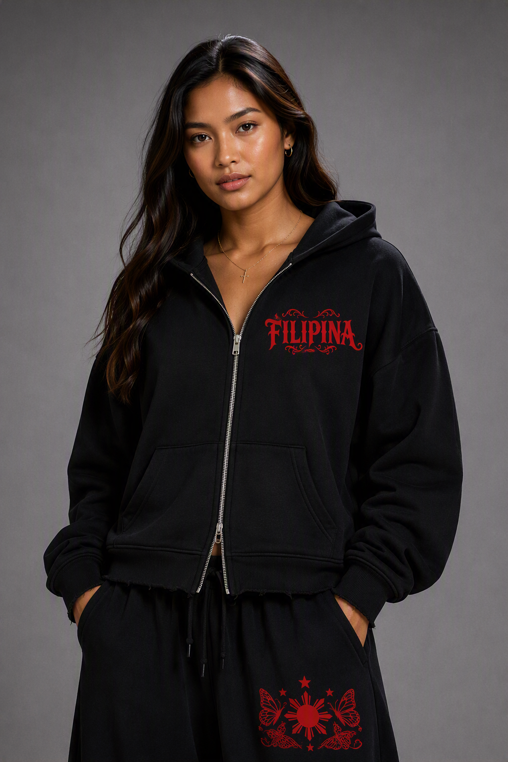 Maldita - Women’s Raw Edge Full Zip Hoodie, Black/Red