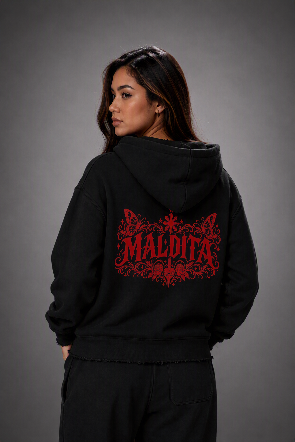 Maldita - Women’s Raw Edge Full Zip Hoodie, Black/Red