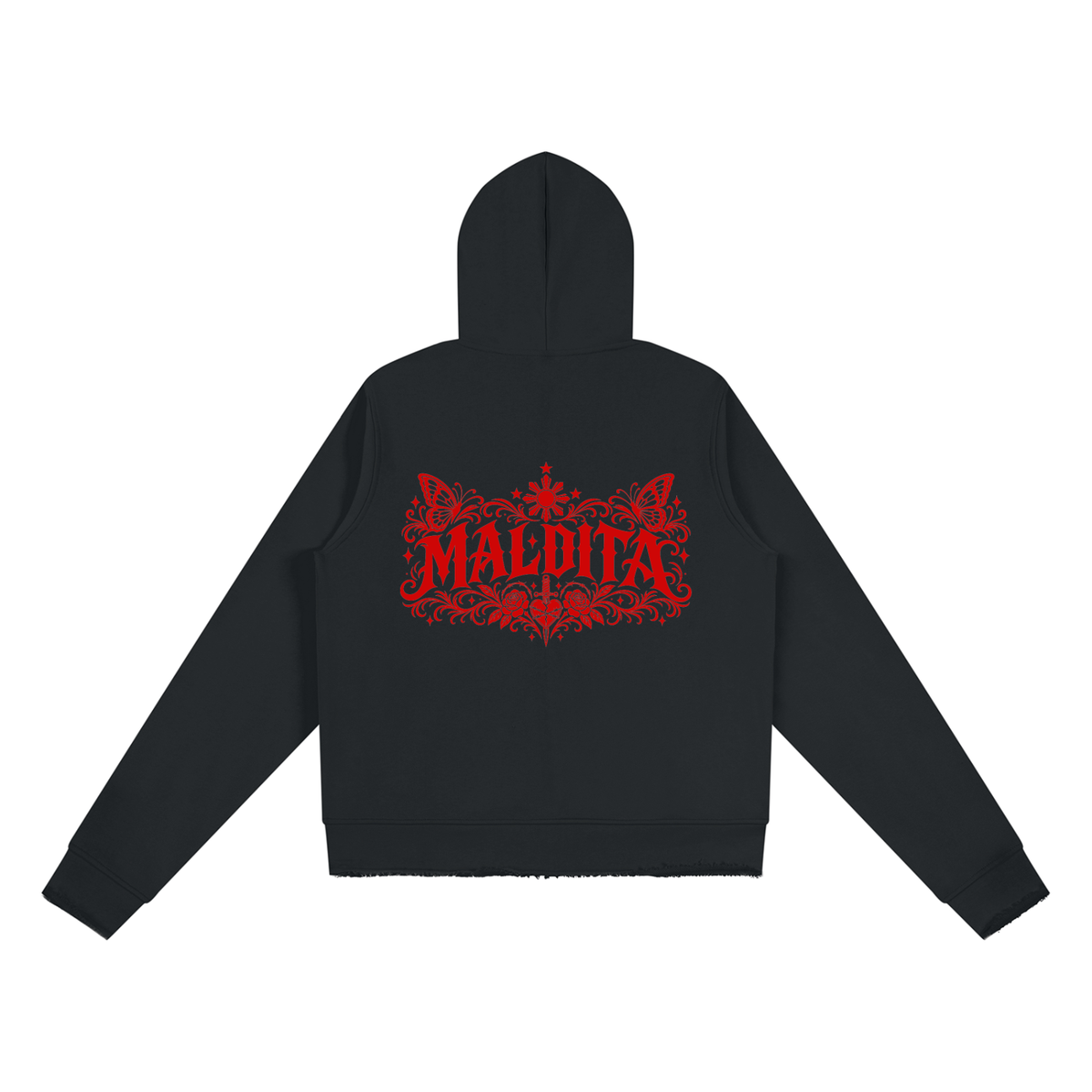 Maldita - Women’s Raw Edge Full Zip Hoodie, Black/Red