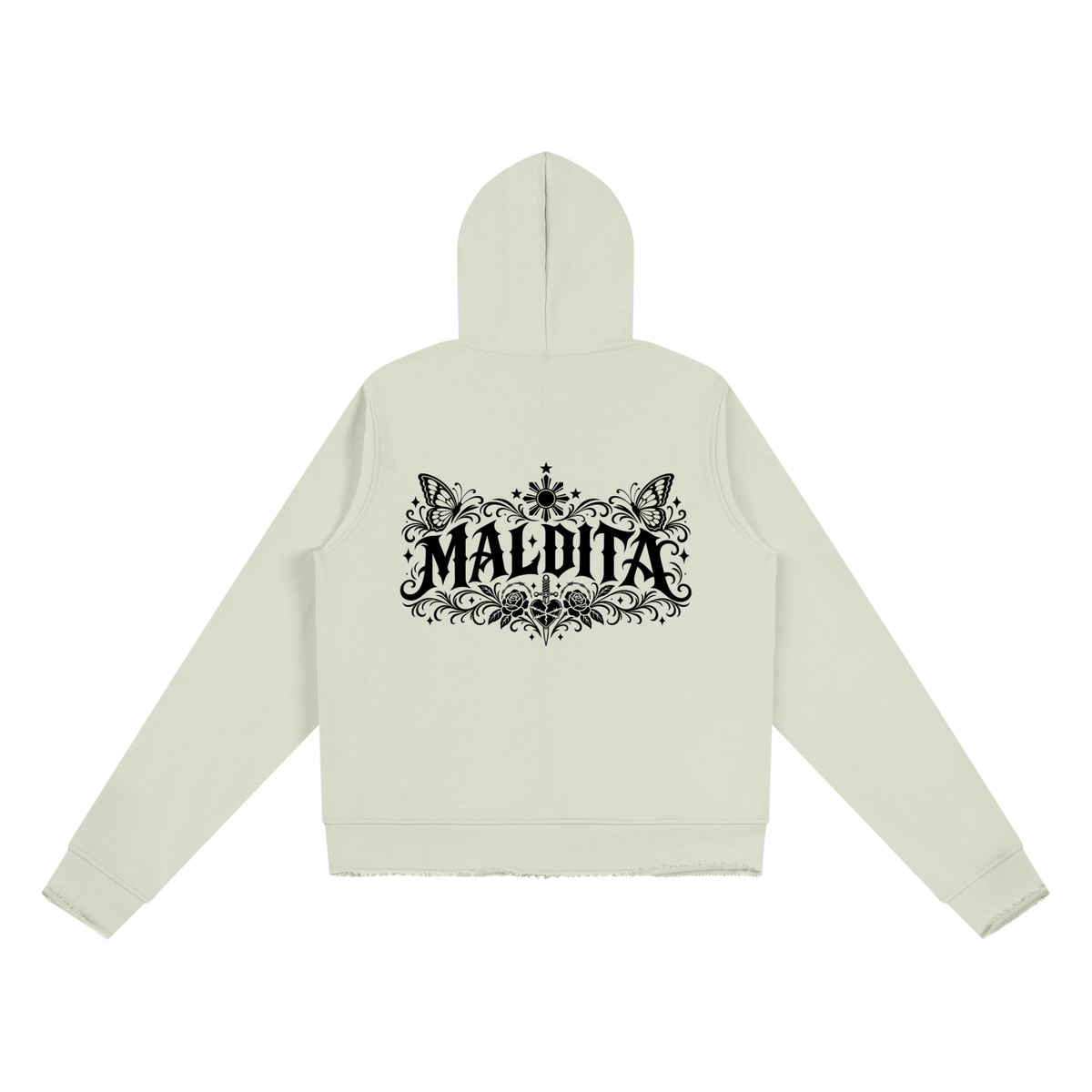 Maldita - Women’s Raw Edge Full Zip Hoodie, White Gray